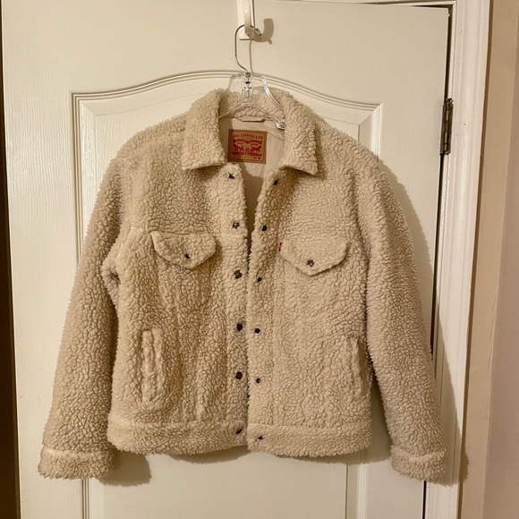 Levi's Women’s All Over Sherpa Trucker Jacket Cream Beige Size M Casual Western - Picture 3 of 11